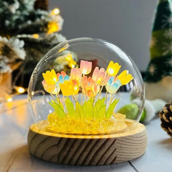 One94Store Tulip LED Night Light – Decorative Glass Table Lamp with 10 Artificial Flowers, Soft Glow for Bedroom, Living Room, Birthday & Gifts (8 cm, Multi-Color) - Image 3