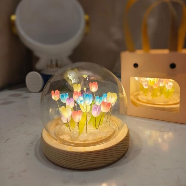 One94Store Tulip LED Night Light – Decorative Glass Table Lamp with 10 Artificial Flowers, Soft Glow for Bedroom, Living Room, Birthday & Gifts (8 cm, Multi-Color) - Image 2